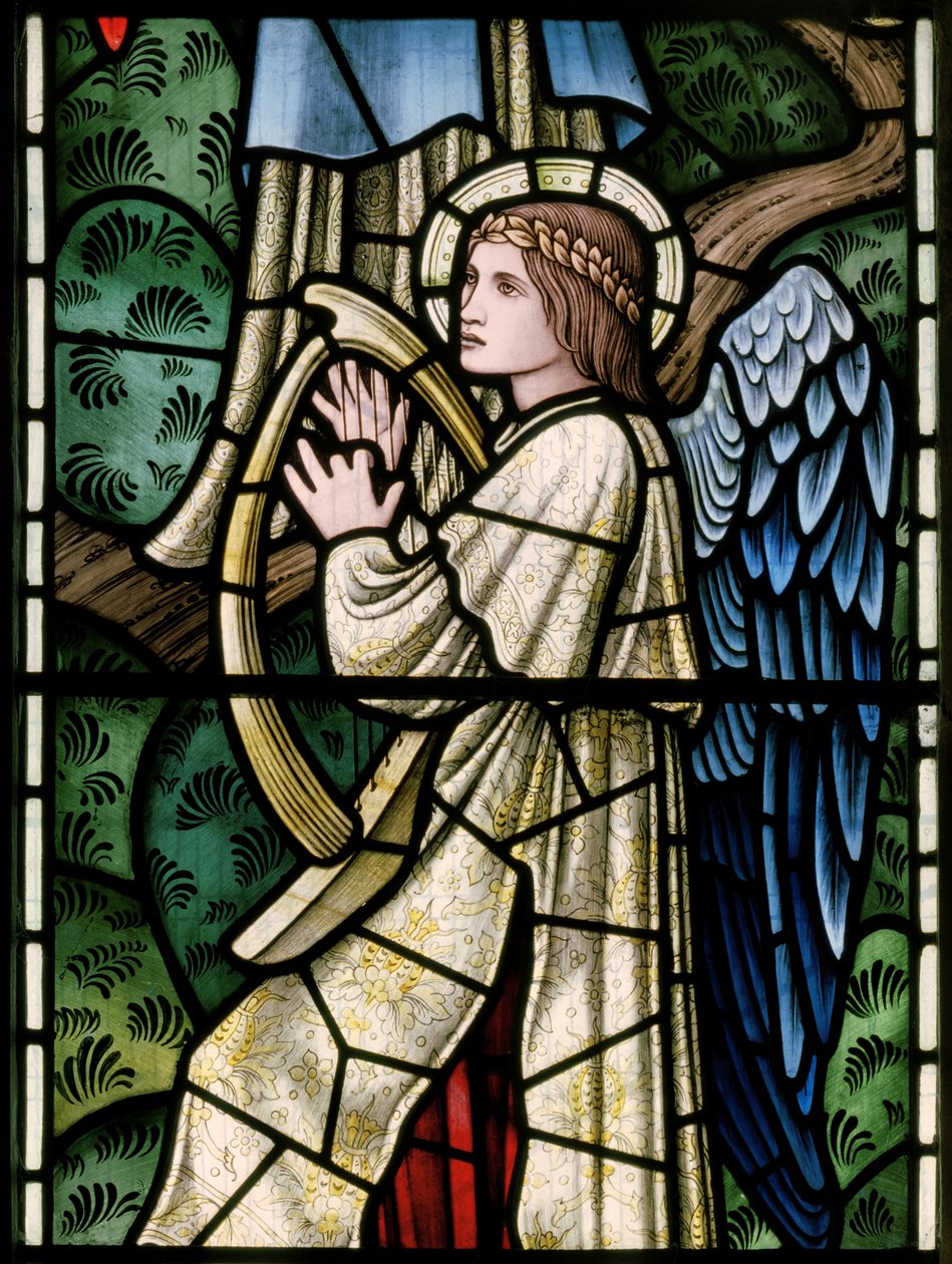 Wilden, All Saints, Morris & Co., Edward Burne-Jones, John Henry Dearle (1859-1932), Cennetin Melekleri, Melek Müzisyenler, detay, 1902-1914, Louisa, Alfred, The Baldwins, Başbakan, Metodist, Wo by Edward Coley and Dearle Burne-Jones