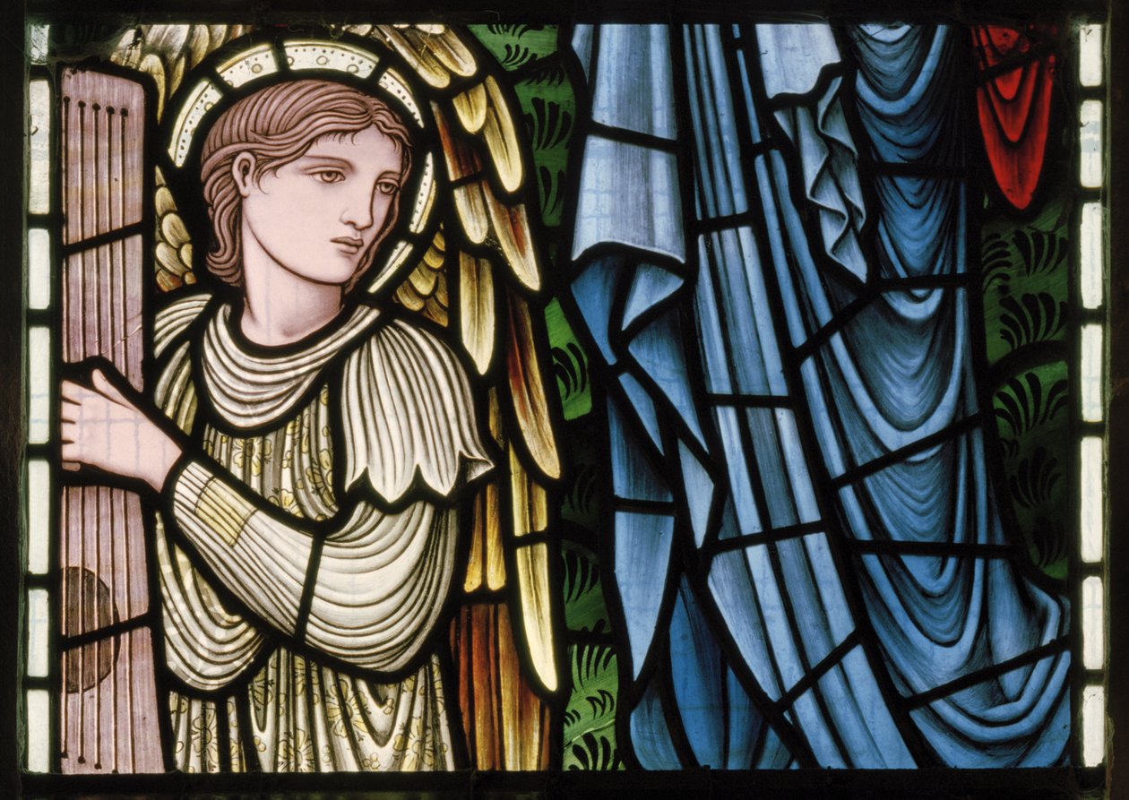 Wilden, All Saints, Morris & Co., Edward Burne-Jones, John Henry Dearle (1859-1932), Cennetin Melekleri, Melek Müzisyenler, detay, 1902-1914, Louisa, Alfred, The Baldwins, Başbakan, Metodist, Wo by Edward Coley and Dearle Burne-Jones