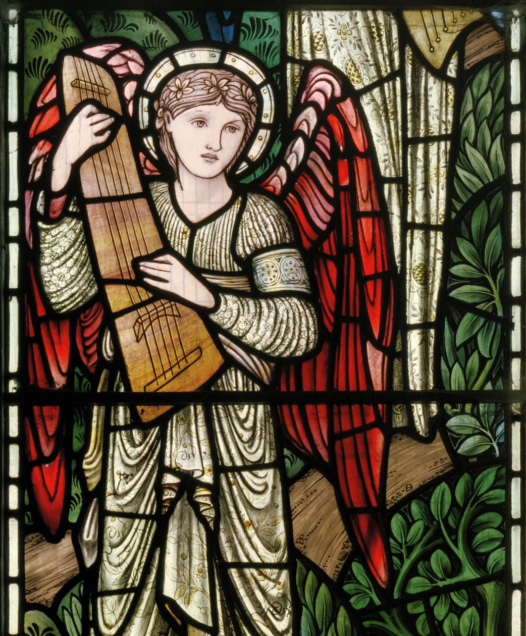 Wilden, All Saints, Morris & Co., Edward Burne-Jones, John Henry Dearle (1859-1932), Cennetin Melekleri, Melek Müzisyenler, detay, 1902-1914, Louisa, Alfred, The Baldwins, Başbakan, Metodist, Wo by Edward Coley and Dearle Burne-Jones