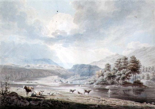Tepeler Arasında Göl (kalem ve mürekkep, suluboya ve kağıt üzerinde yıkama) by Edward Dayes