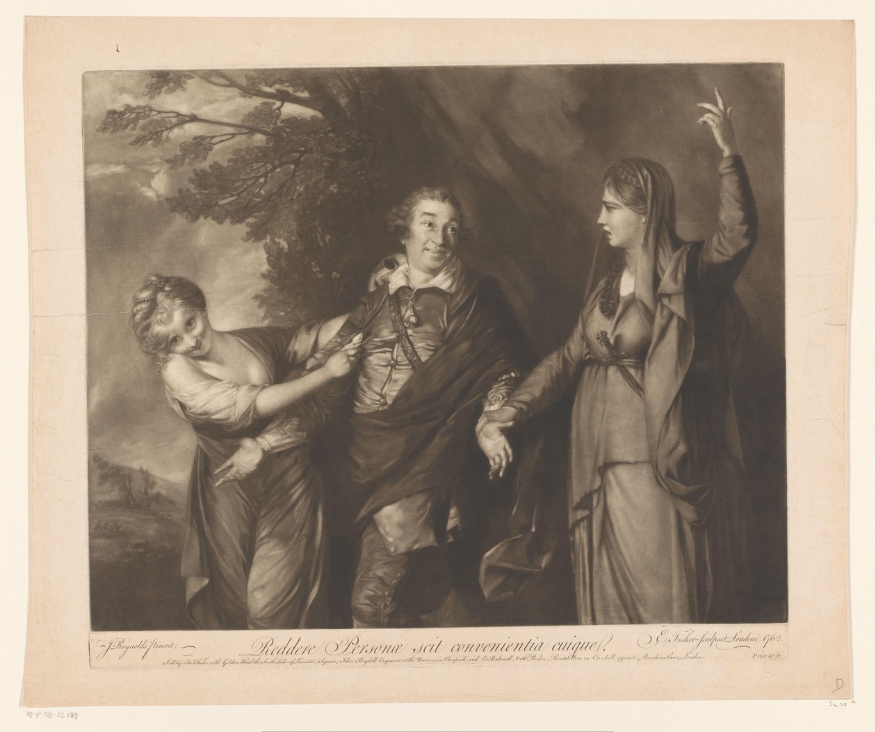Portret van David Garrick tussen, komedi ve trajedilerin kişilikleri Sıfırla Karakterler her karakterin uygunluğunu bilir (nesne üzerindeki başlık) by Edward Fisher
