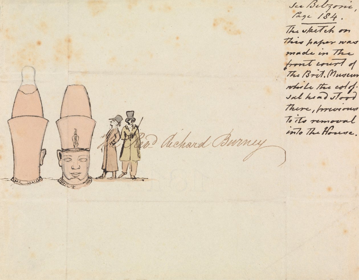 British Museum Courtyard'dan Colossal Head çizimiyle Rev. Richard Burney'e mektup by Edward Francis Burney
