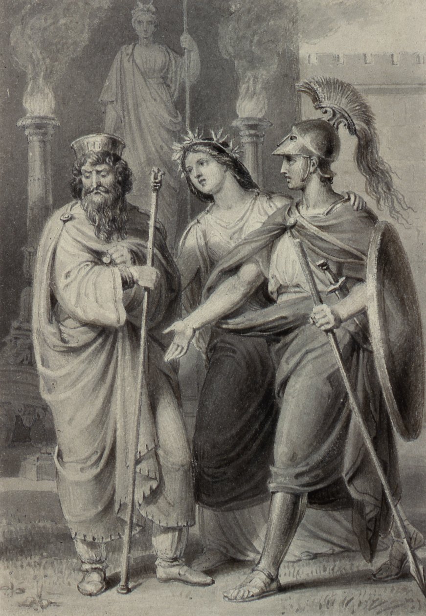 Bir Tapınağın Çevresinde bir Rahibe hitap eden bir kadın eşliğinde savaşçı by Edward Francis Burney