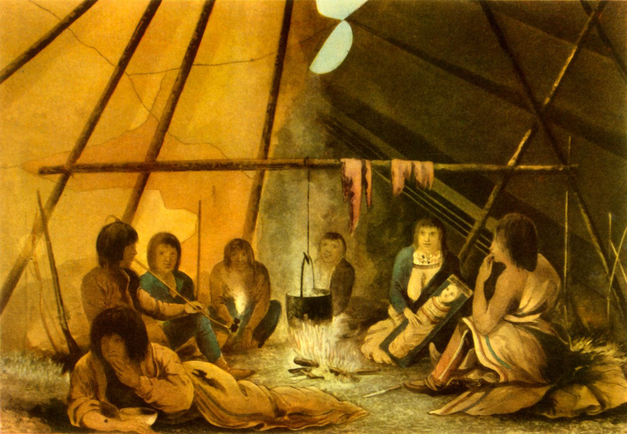 'Cree Kızılderili Çadırının İçi', 1820, 1946. by Edward Francis Finden