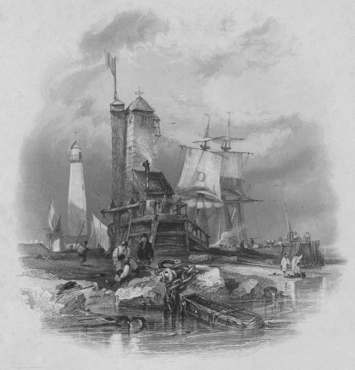 Sunderland: güney iskelesindeki deniz feneri, 1836 by Edward Francis Finden