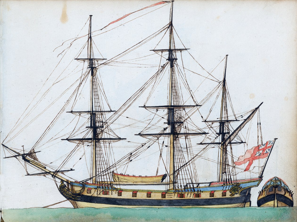 20 topa sahip İngiliz gemisi, arma ve bir gemi teknesi ve kıç tarafın ayrı bir görünümü, yaklaşık 1780 (suluboya, kalem ve mürekkep ) by Edward Gwyn