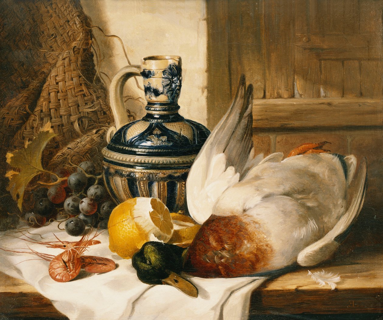 Dökümlü Çıkıntıda Yeşilbaş, Sürahi, Soyulmuş Limon, Üzüm ve Karides, by Edward Ladell