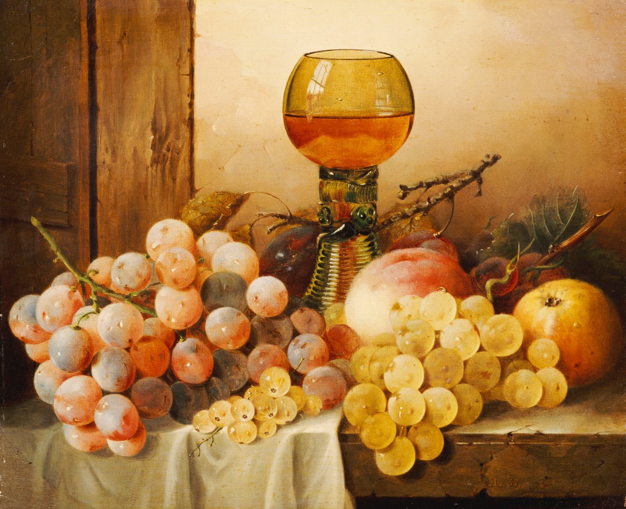 Üzümler, elmalar, erikler ve dökümlü çıkıntıda hock camlı şeftali by Edward Ladell
