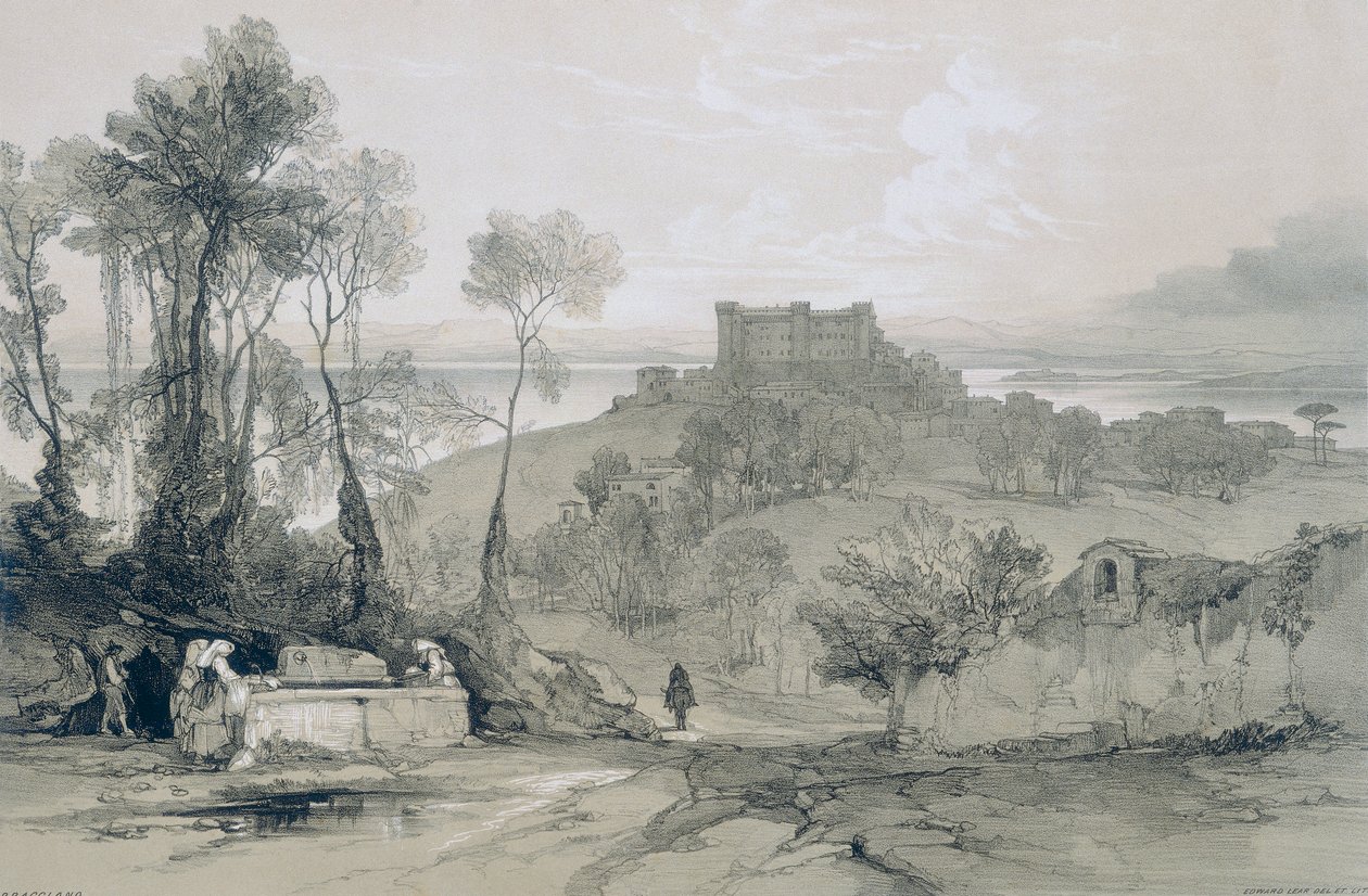 Roma ve çevresinden manzaralar: Aynı adı taşıyan göl üzerindeki Bracciano Kalesi ve kasabası by Edward Lear