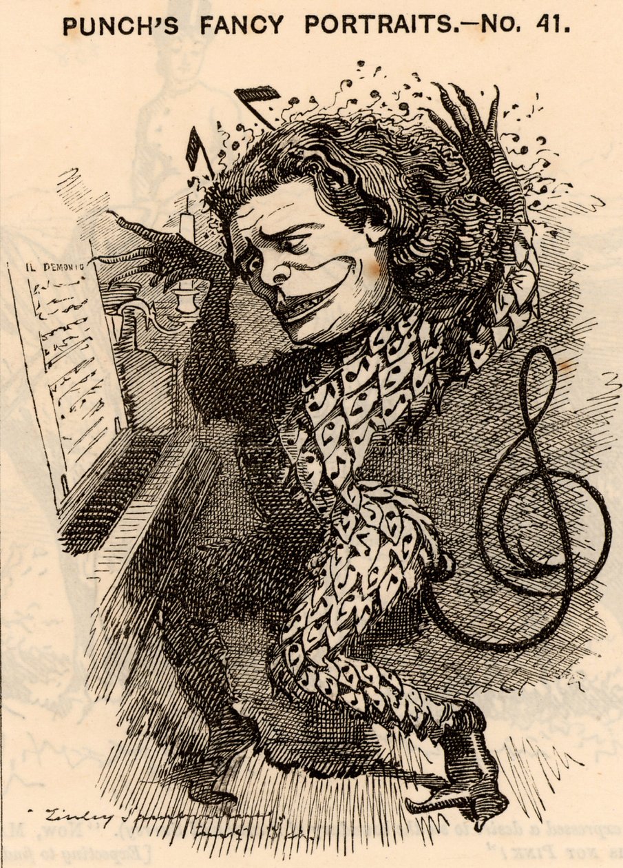 Anton Rubinstein (1829-1894) Rus piyanist, besteci ve orkestra şefi, St.Petersburg Konservatuarı'nın kurucusu. 1881 Londra konser sezonunda bölgede 10.000 £ kazandı. Bestelerinden biri "Demon" (1875) operasıydı. Karikatür Edwa tarafından by Edward Linley Sambourne