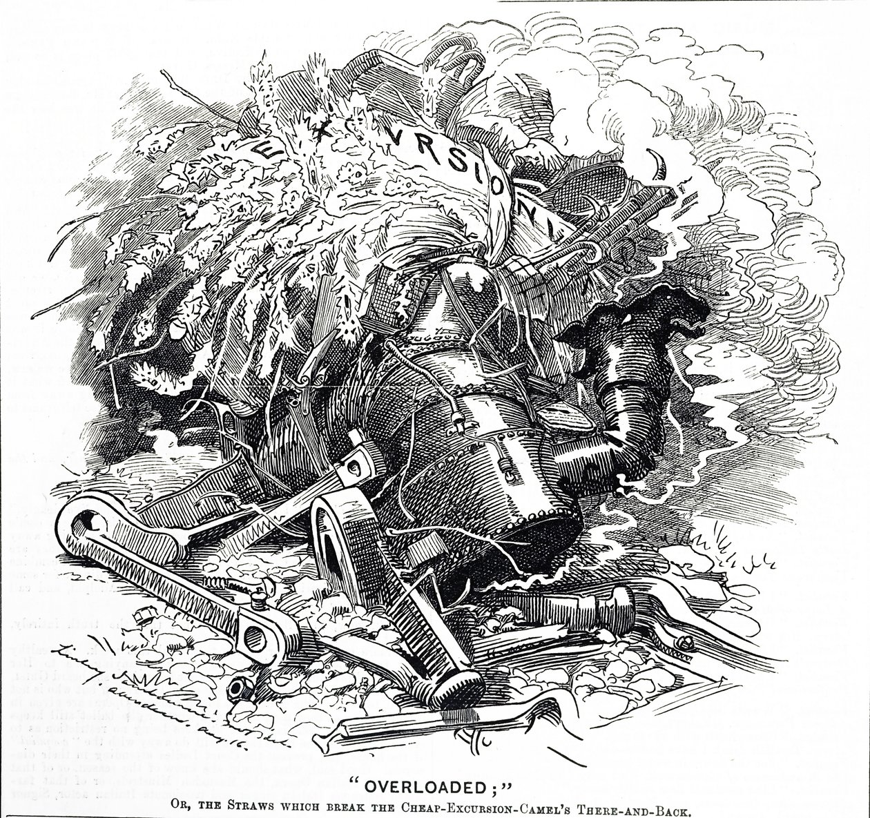 "Aşırı Yüklenmiş" başlıklı karikatür; ya da devenin sırtını kıran saman by Edward Linley Sambourne