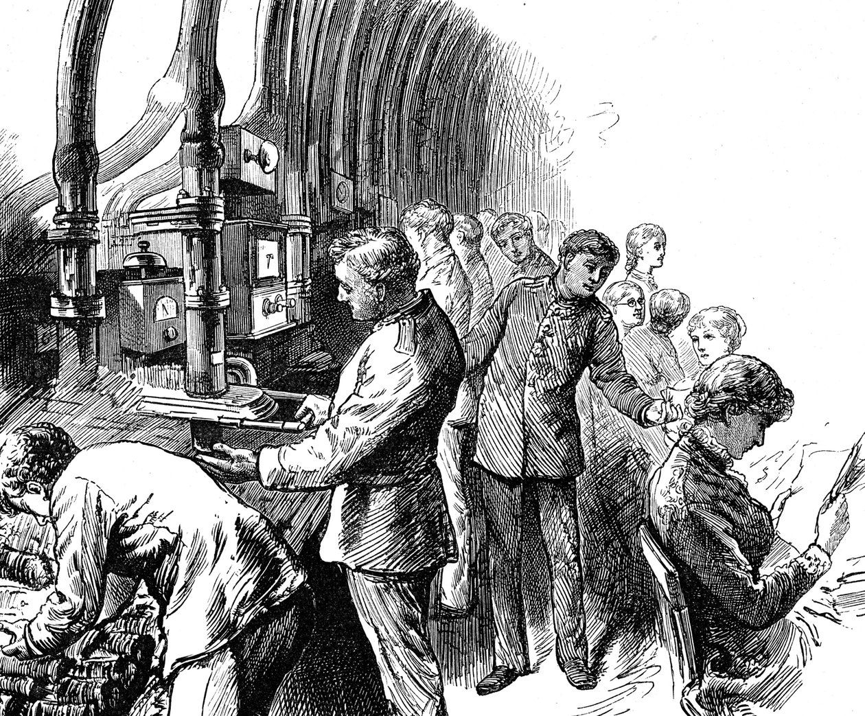 Genel Posta Ofisinin Londra altında kolileri taşımak için kullandığı pnömatik sevkıyatı gösteren gravür. Edward Linley Sambourne (1844-1910), İngiliz karikatürist ve illüstratör. 19. Yüzyıl Tarihli © UIG/Leemage by Edward Linley Sambourne