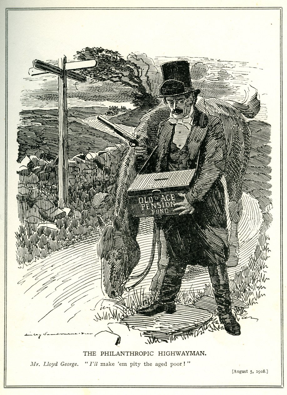 'Hayırsever Otoyolcu', Lloyd George ve Yaşlılık Emekli Sandığı, 'Punch' dergisinden karikatür, 5 Ağustos 1908 by Edward Linley Sambourne
