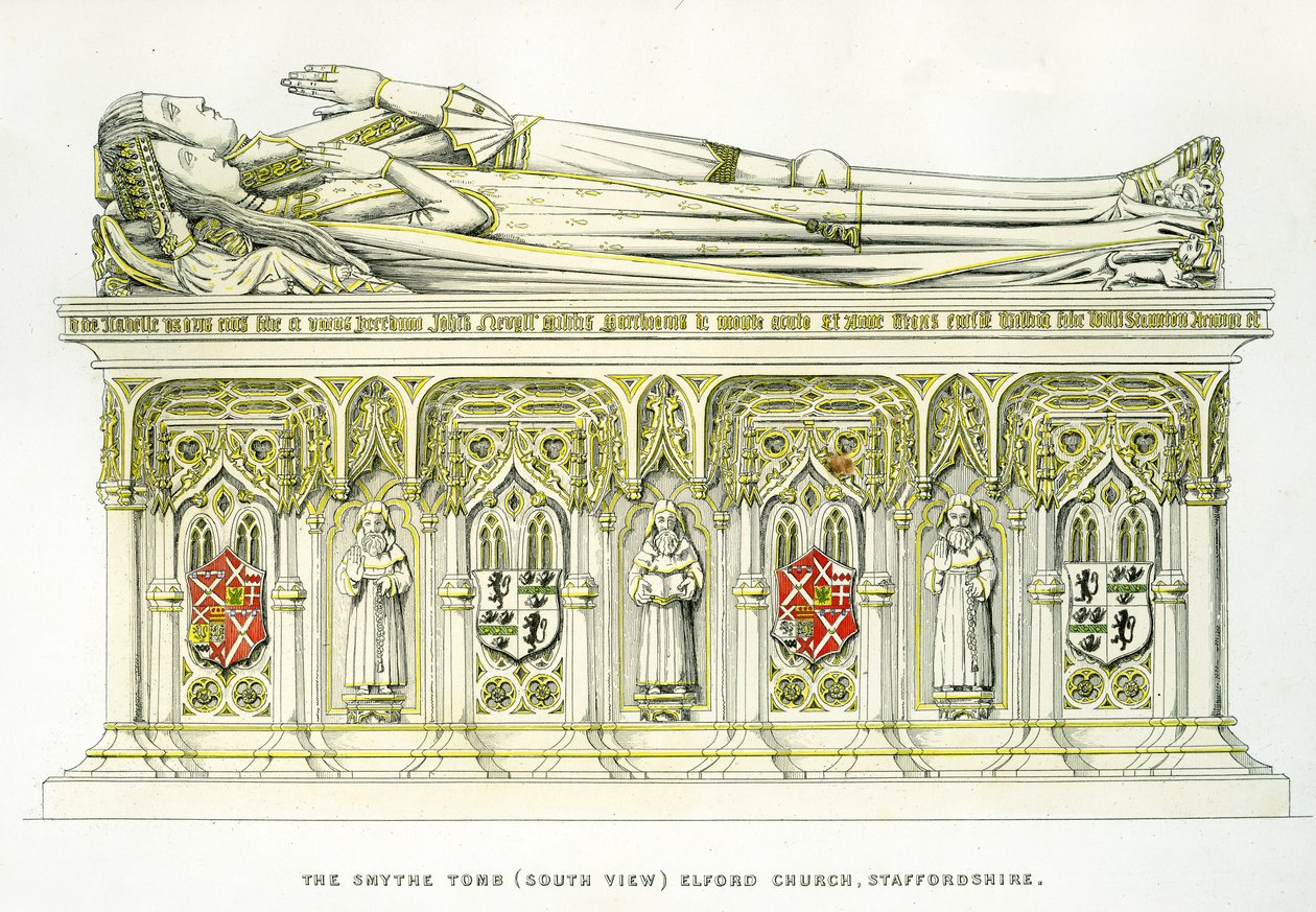 Leydi Isabel Neville ve ikinci kocası Sir William Smythe, Smythe Tomb, St. Peter Kilisesi, Elford, Staffordshire, İngiltere, 1848-9 (el renkli gravür) (ayrıca bkz. 741544 ve 779760) by Edward M. Richardson