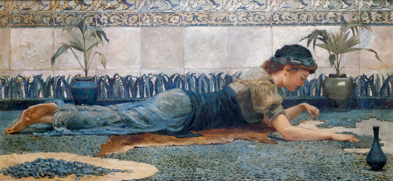 "Mavi Mozaik" Antik bir ortamda genç bir kadın yerde yatıyor ve zemini mozaikle kaplıyor. Edward Matthew Hale (1852-1924) (pre-raphaelite) tarafından yapılmıştır. by Edward Matthew Hale