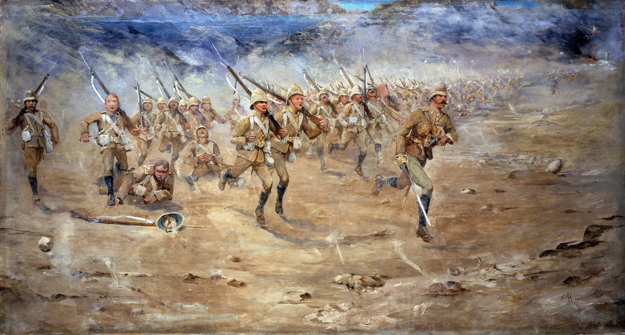 Baş ve Kıç Dönüşü, Gloucestershire Alayı saldırıya doğru ilerliyor, Hindistan Kuzey Batı Sınırı, 1897 by Edward Matthew Hale