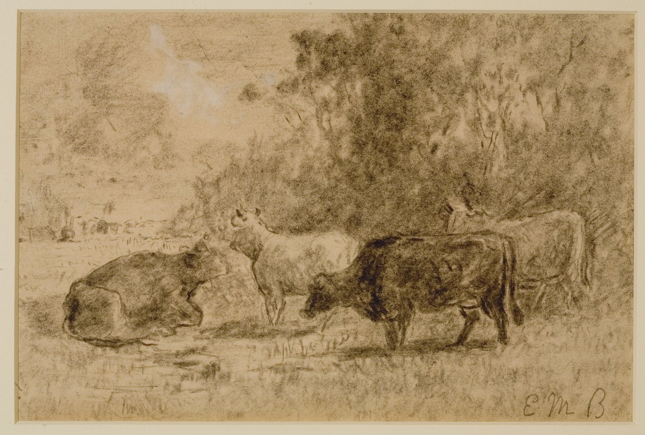 Dört İnekli Manzara, c. 1880'ler (kağıt üzerinde kömür) by Edward Mitchell Bannister