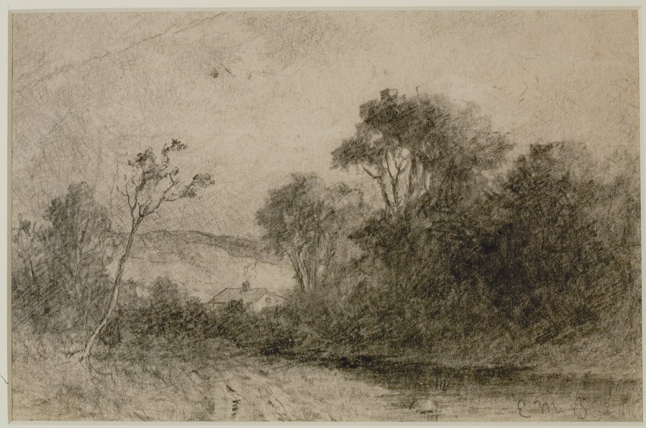 Ağaçların arkasında çatıların olduğu peyzaj (#49) c. 1880'ler (kağıt üzerinde grafit) by Edward Mitchell Bannister