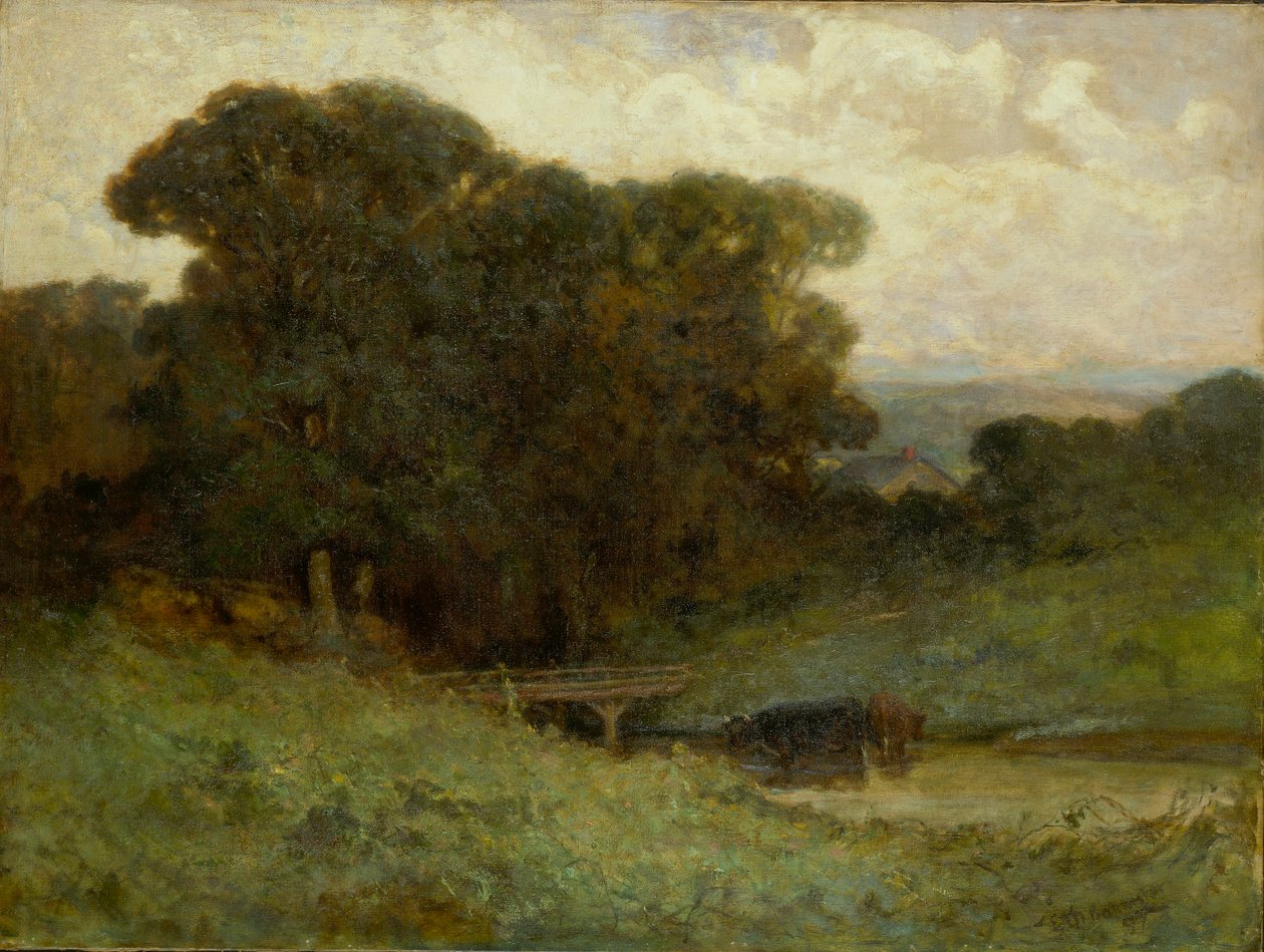 İsimsiz (köprülü orman manzarası, ön planda derede inekler) by Edward Mitchell Bannister