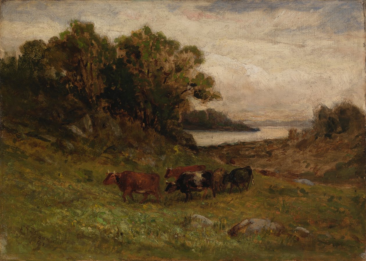 Arka planda ağaçlar ve nehirle otlayan isimsiz beş inek. by Edward Mitchell Bannister
