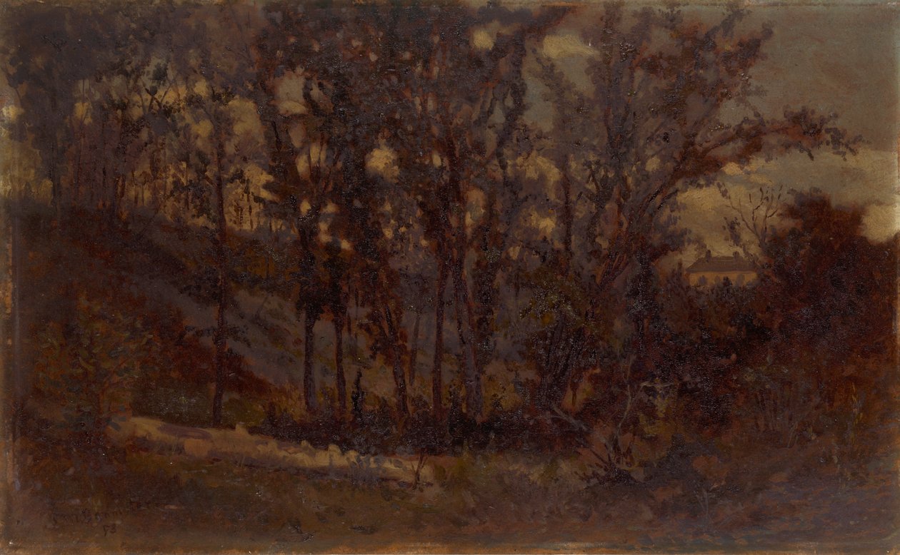 İsimsiz orman sahnesi, ön planda devrilmiş ağaç ve arka planda ev, 1873. by Edward Mitchell Bannister