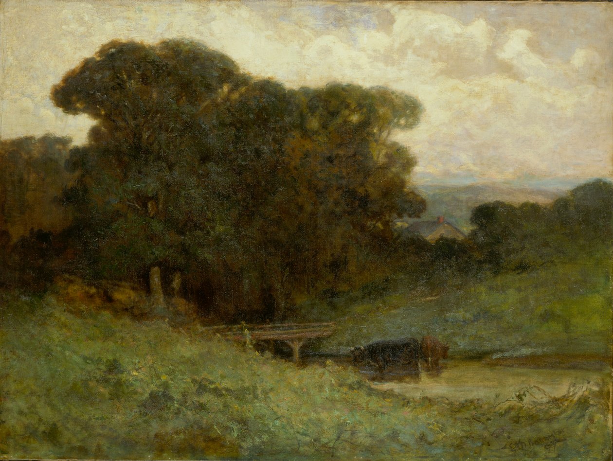 Köprülü adsız orman sahnesi, ön planda derede inekler, 1897. by Edward Mitchell Bannister
