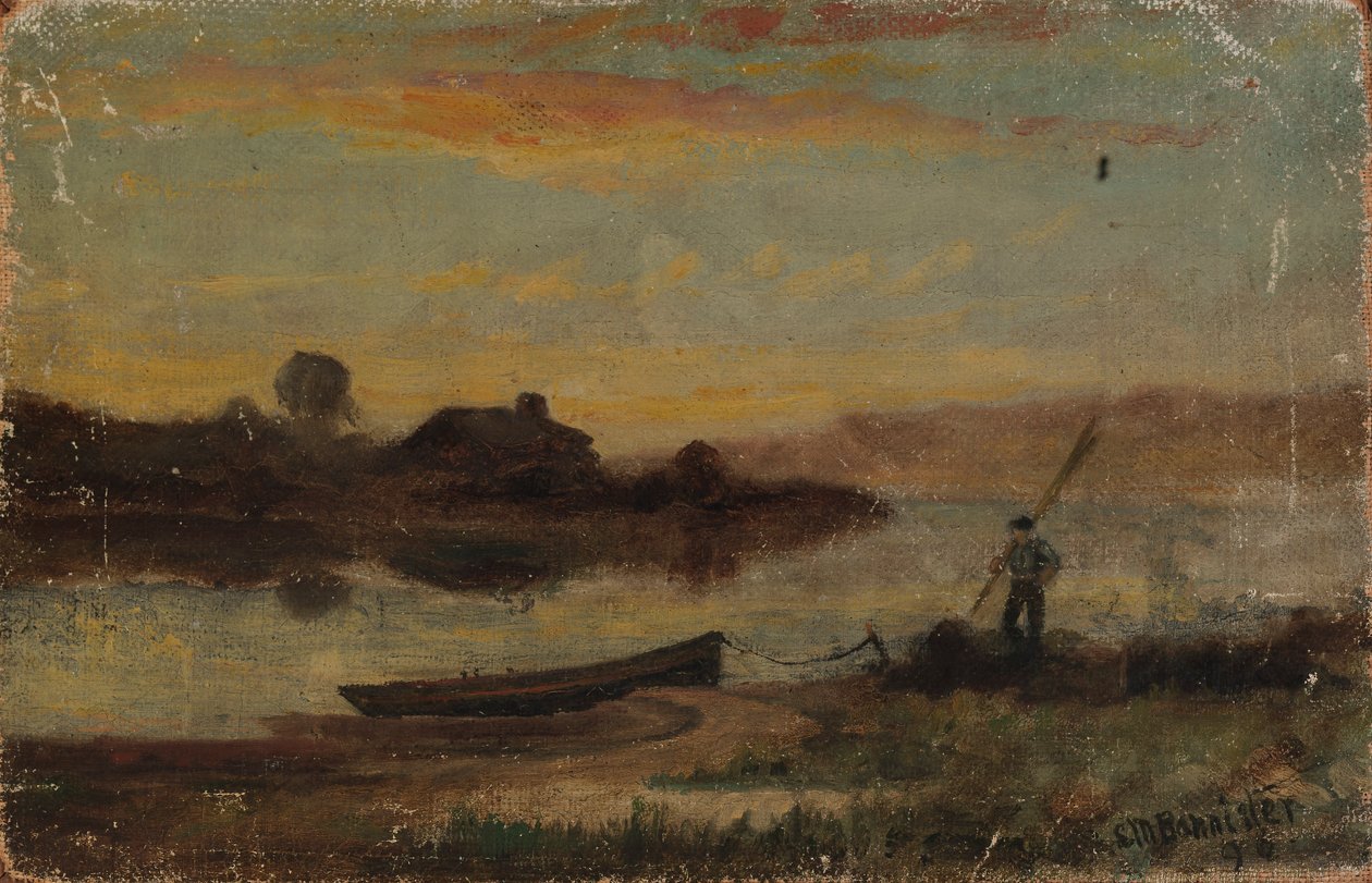 İsimsiz manzara, kıyıya yakın demirlemiş tekne, yürüyen adam, 1896. by Edward Mitchell Bannister
