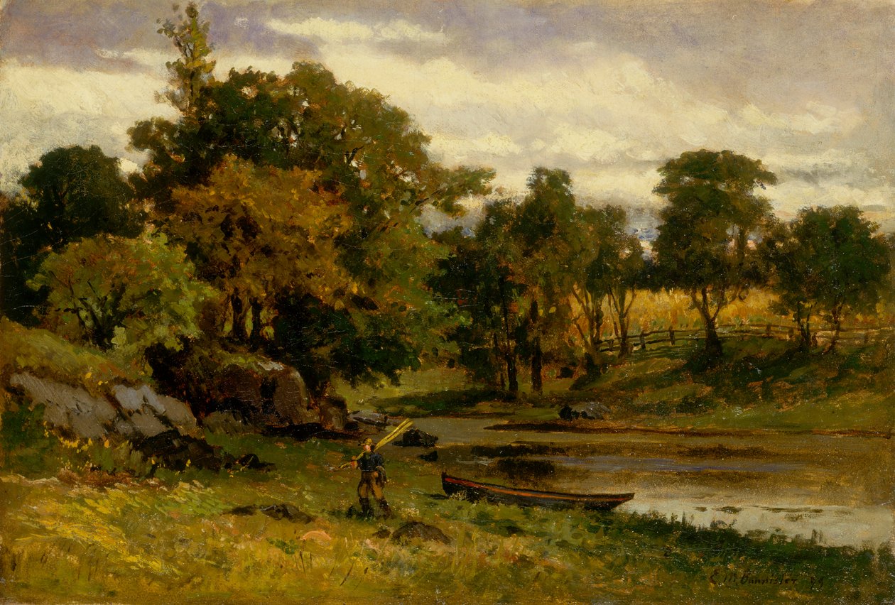 İsimsiz manzara, dere kenarında demirlemiş tekne, ön planda yürüyen adam, 1879. by Edward Mitchell Bannister