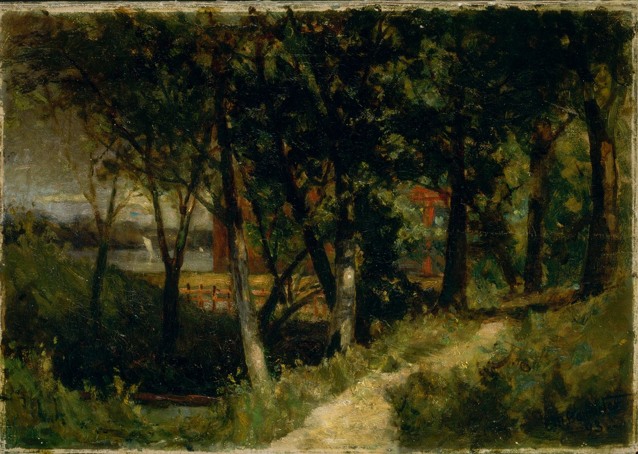 İsimsiz manzara, kırmızı çitli orman sahnesi ve bina, 1893. by Edward Mitchell Bannister