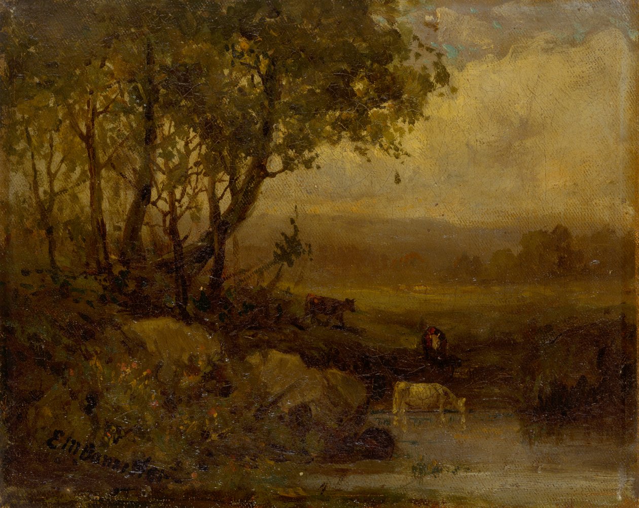 İsimsiz manzara, nehir kıyısı, üç inek. by Edward Mitchell Bannister
