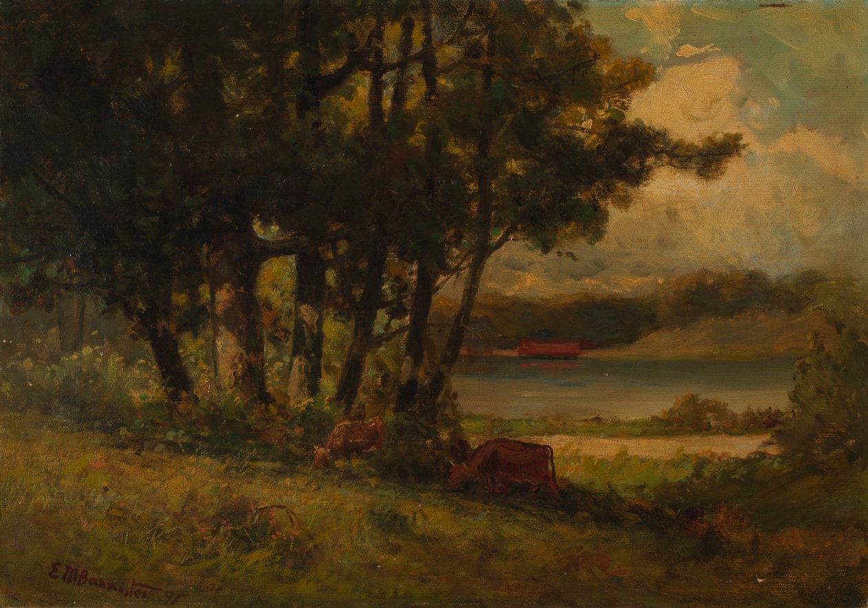 Nehir kenarında otlayan ineklerin olduğu isimsiz manzara, 1891. by Edward Mitchell Bannister