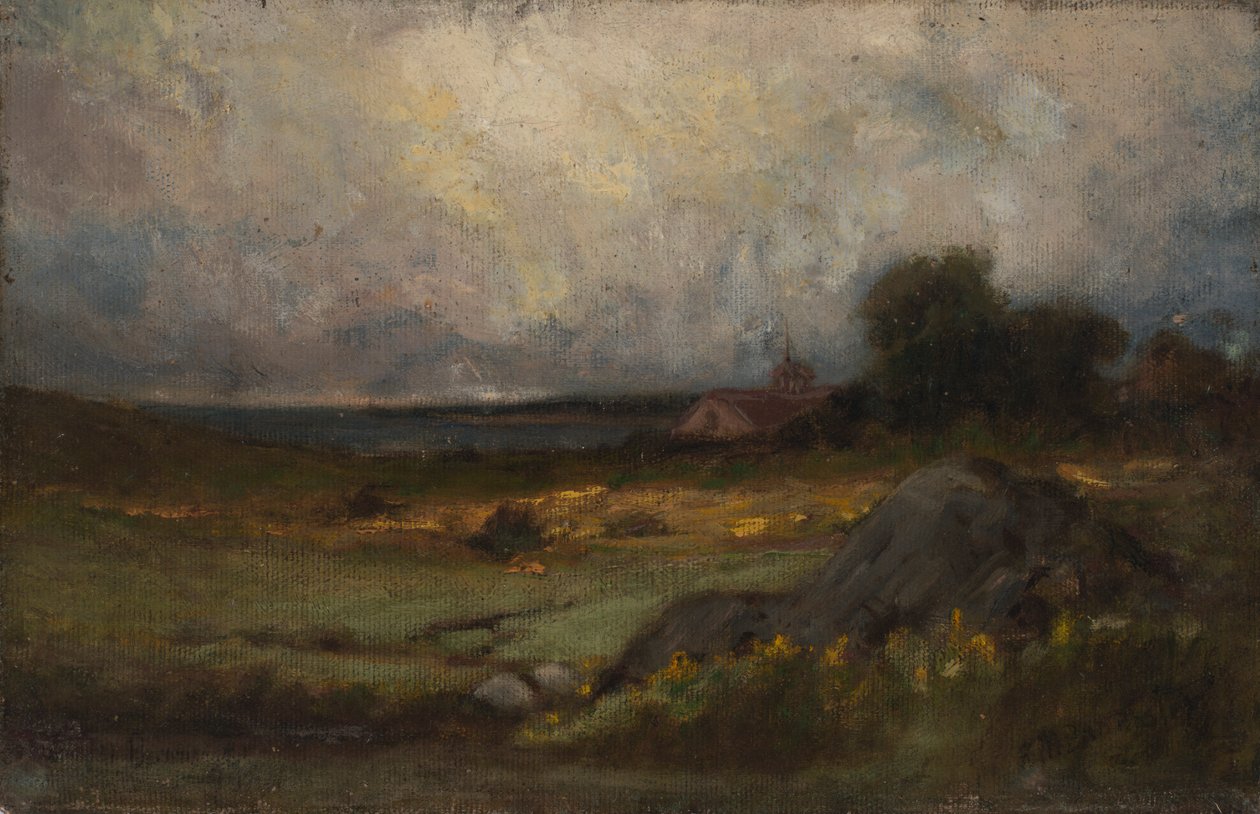 Ön planda kaya ve çan kulesi olan çatı, arka planda göl ile isimsiz manzara, n.d. by Edward Mitchell Bannister