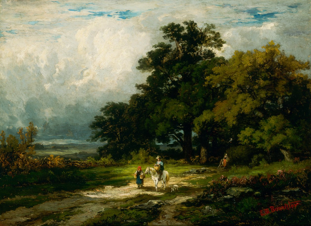 Kadın ve köpek ile atlı isimsiz adam. by Edward Mitchell Bannister