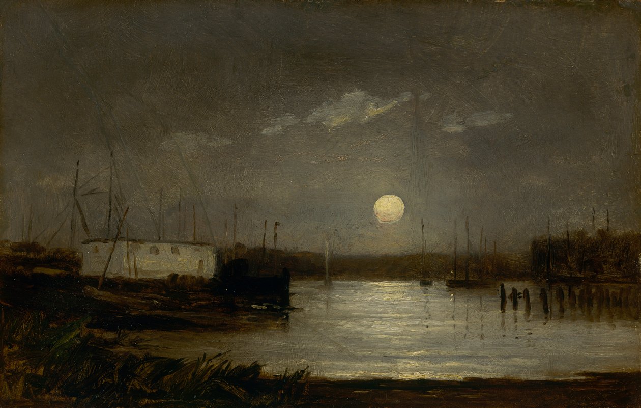 Bir liman üzerinde isimsiz ay, dolunay ve tekne direkleri ile rıhtım sahnesi, ca. 1868. by Edward Mitchell Bannister