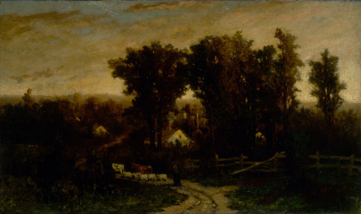 Alacakaranlıkta sığırları ve koyunları olan isimsiz kadın, n.d. by Edward Mitchell Bannister