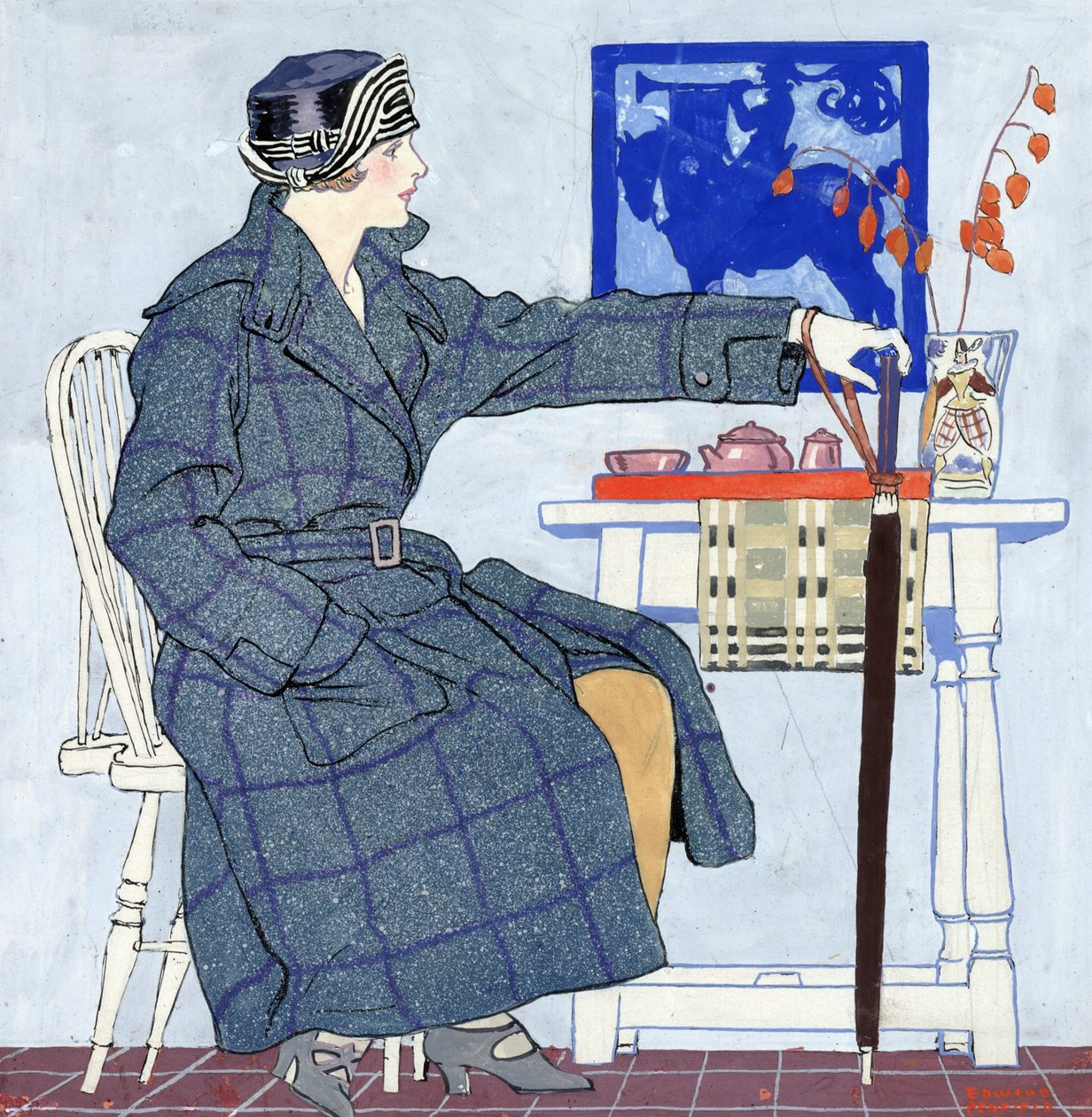 Bir şemsiye tutan bir masanın yanında oturan genç bir kadın by Edward Penfield