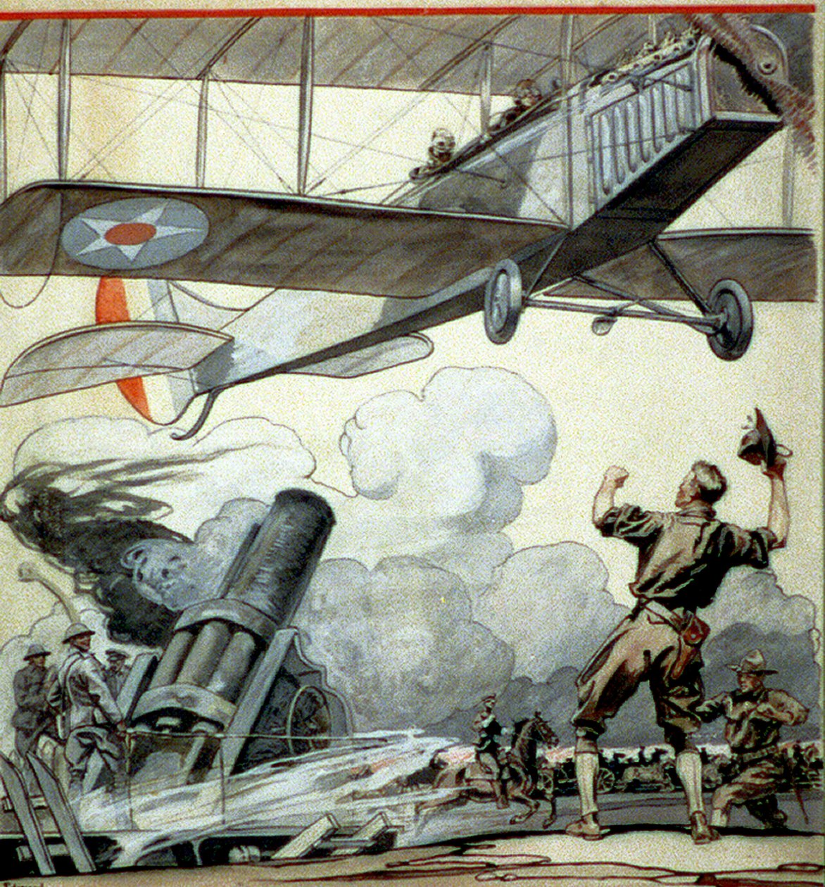 Uçak, topçu silahı ve askerlerin by Edward Penfield