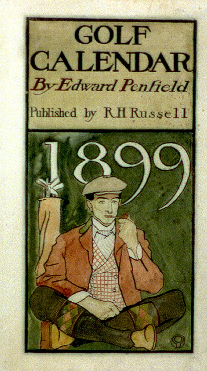 Golfçü sopalarla oturmuş, sulu boyalarla çizim yapıyor. (1899?) Edward Penfield tarafından 1866-1925, Amerikalı sanatçı. by Edward Penfield