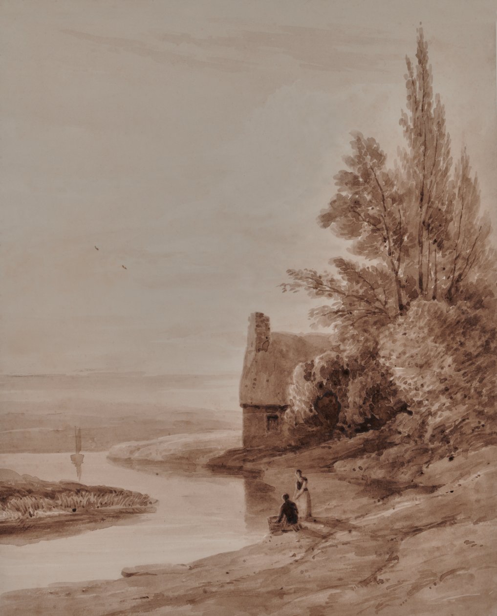 Figürler ve küçük bir tekne ile su manzarası by Edward Pretty