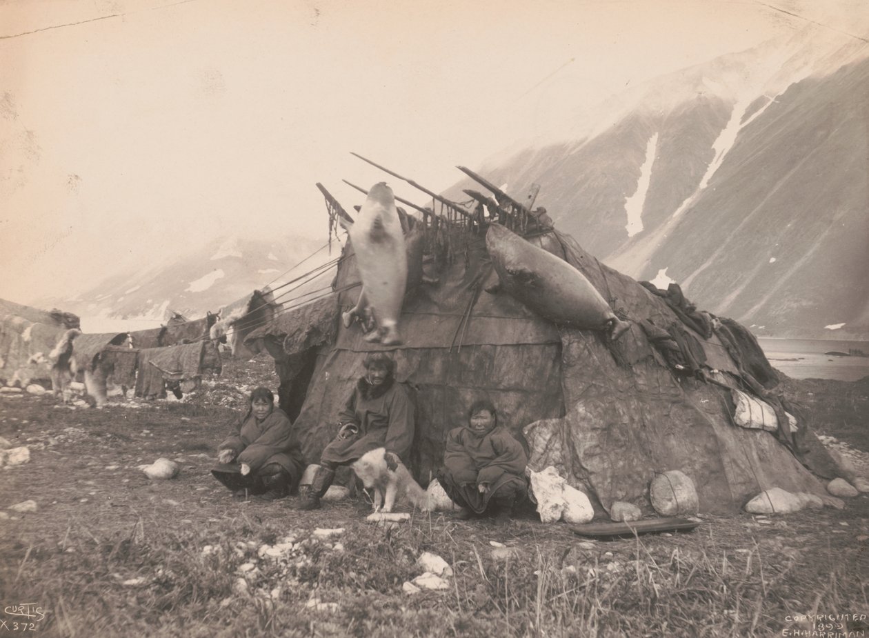 Inuit kulübesi ve ailesi, 1899 dolayları (s/b fotoğraf) by Edward Sheriff Curtis