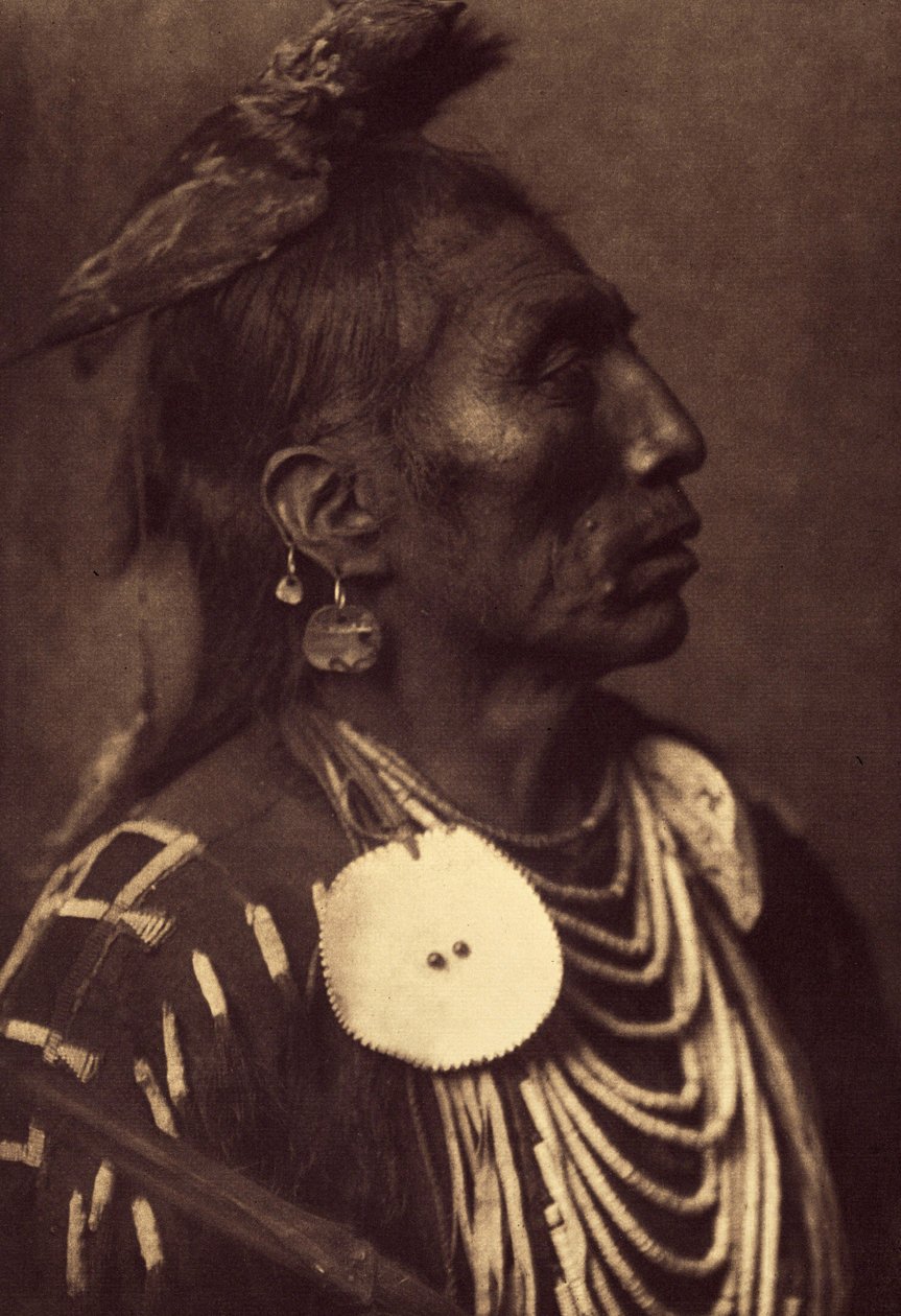 Tıp Kargası, Apsaroke. Başına bağlanan şahin, koruyucu ruhunun sembolünü taşımanın bir yoludur. Edward S. Curtis (1868-1952) tarafından Kuzey Amerika Kızılderilileri hakkında yayınlanan ansiklopedinin 4. cildinden alınan fotoğraf, Theodor'un önsözüyle by Edward Sheriff Curtis