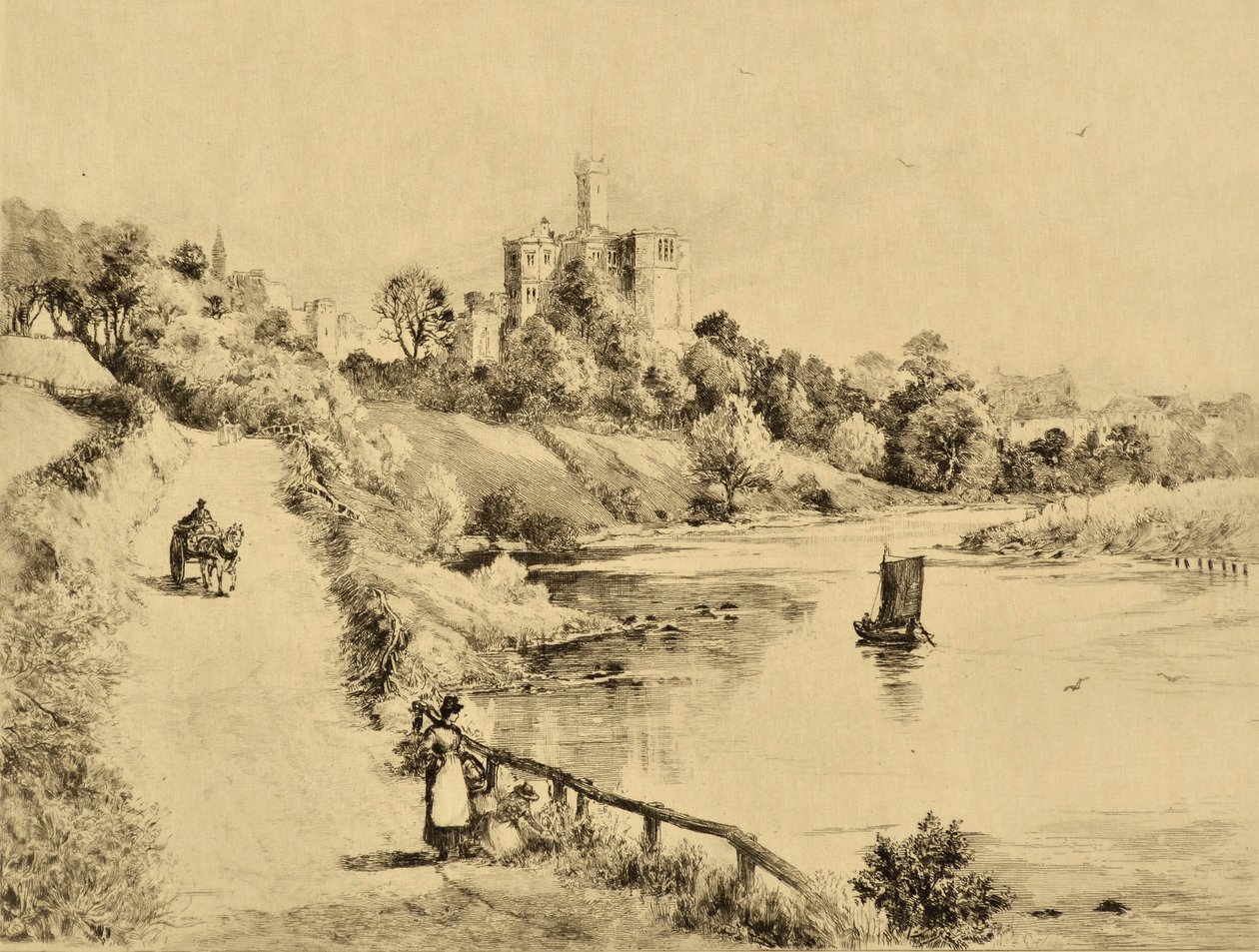 Coquet: Amble yolundan Warkworth Kalesi, 1880 dolayları (gravür) by Edward Slocombe