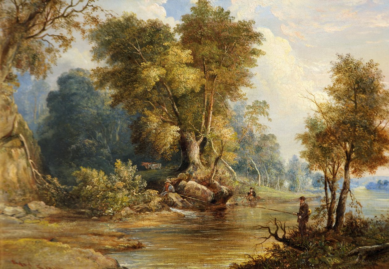 Anglers ile Nehir Manzarası, Leadon, Gloucestershire, c.1880 by Edward Smith