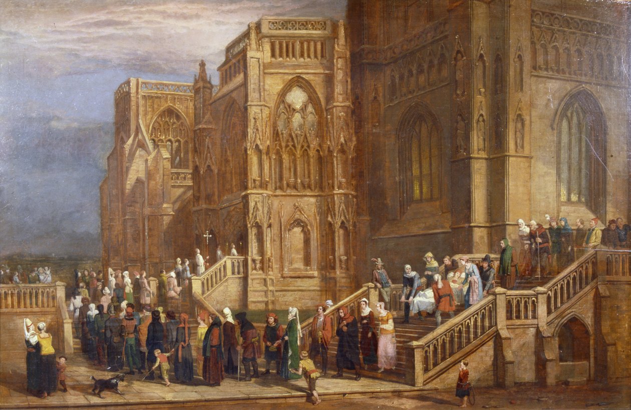 St Mary Redcliffe dışında bir Hacılar Alayı, c.1825-30 (panelde yağlı boya) by Edward Villiers Rippingille