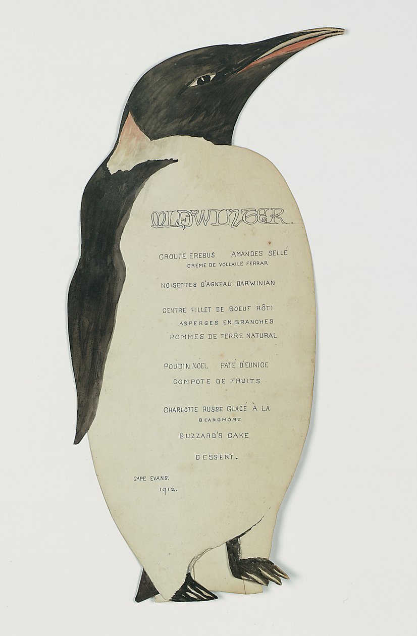 Kış Ortası Günü Yemeği için İmparator Penguen şeklinde menü, Cape Evans, 22 Haziran 1912 (kart üzerinde kalem ve guaj) by Edward W. Nelson