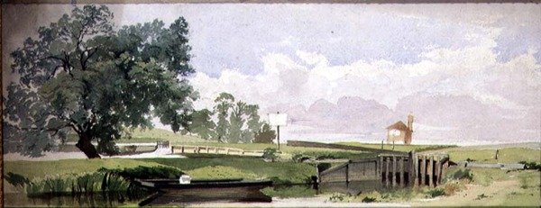 Kilitli Bir Nehir Kenarı Sahnesi, c.1860 (kağıt üzerine suluboya ve kurşun kalem) by Edward W. Robinson