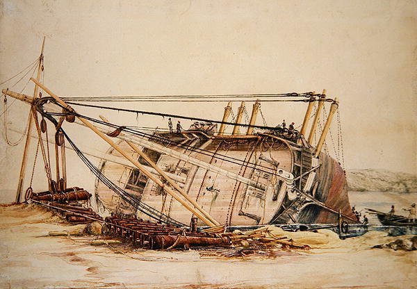 Sahilde Bir Brig (kağıt üzerine sulu boya) by Edward William Cooke
