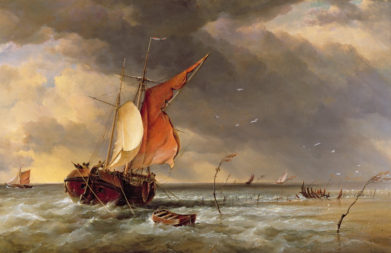 Hollandalı Galliot, Bies Bosch kumsalında karaya oturmuş, Hollanda, 1878 by Edward William Cooke