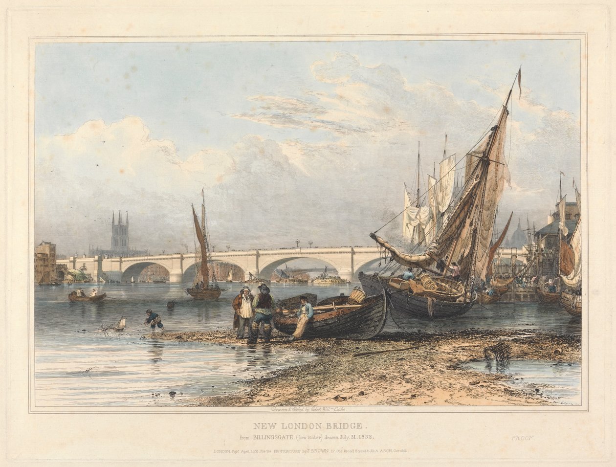 Billingsgate'den Yeni Londra Köprüsü (düşük su) by Edward William Cooke