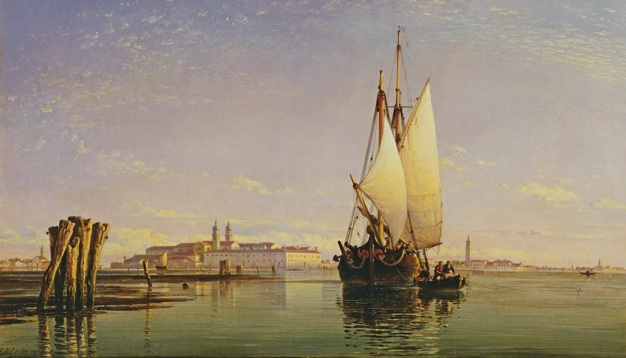Euganean Tepeleri ve Venedik Lagunası - Gelgiti Bekleyen Trabaccola, Gün Batımı, 1853 by Edward William Cooke